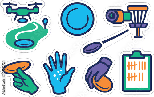 Disc golf icons set featuring drone and scoreboard in modern colorful stickers