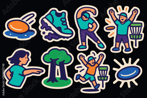 Flat colorful disc golf stickers featuring active people and nature elements