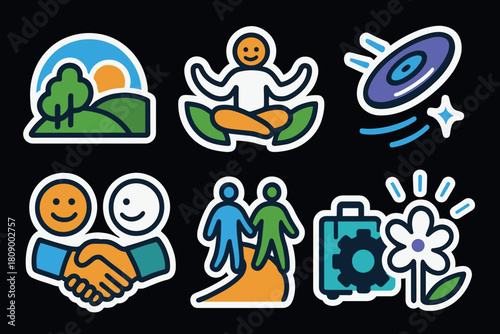 Colorful sticker set: outdoor yoga, nature, collaboration, music, technology, and friendship
