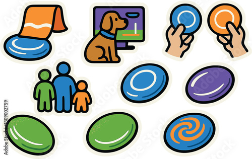Colorful sticker set of everyday objects and icons in bold outline style