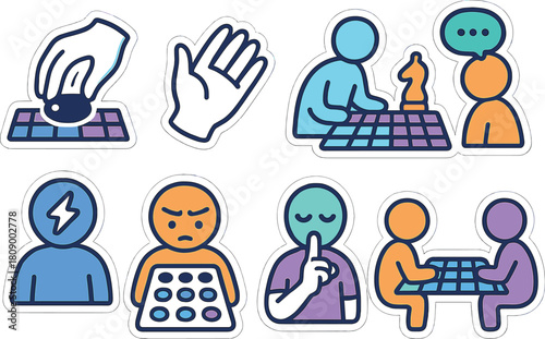 Colorful sticker set of people playing board games with emotions and gestures