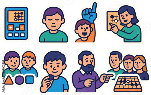 Set of stickers featuring people engaged in cognitive activities with educational tools