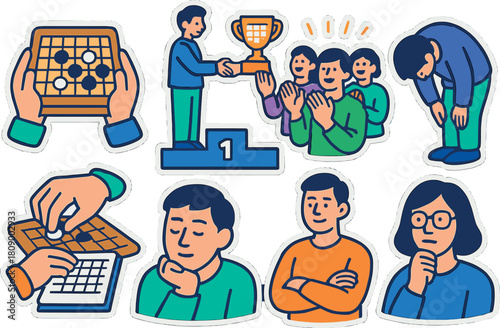 Flat style illustrations of board games and emotions