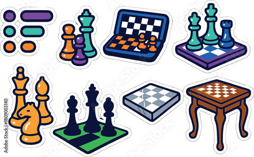 Colorful chess icon set with modern 3d style on metallic background