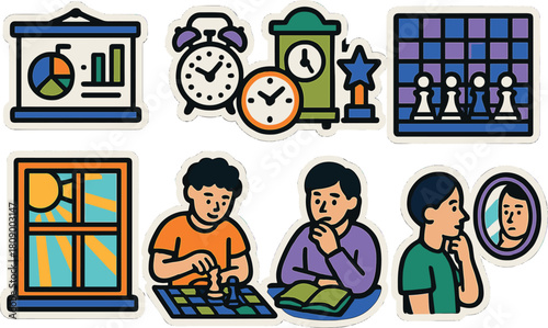 Colorful stencil icons: time management, strategy, and reflection concepts