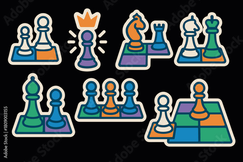 Colorful chess piece stickers on black background with retro design