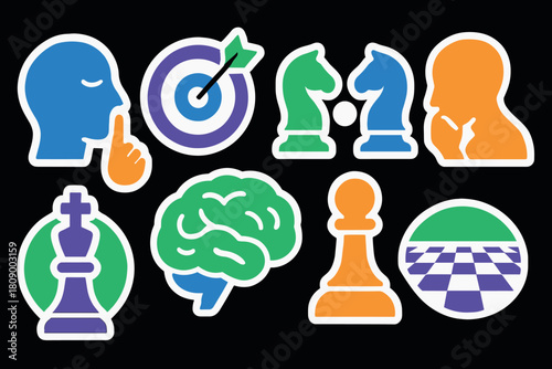 Chess strategy icons featuring mind and game elements in bold colors