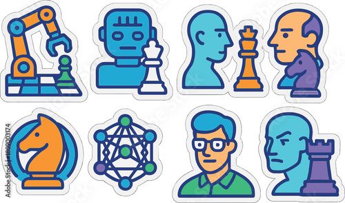 Colorful abstract chess icons with robots and human interactions