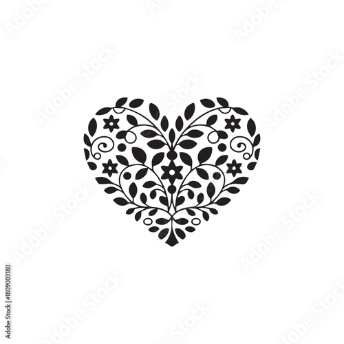 Intricate floral heart design a detailed heart shape filled with stylized flowers, leaves, and vines, creating a visually stunning and artistic composition
