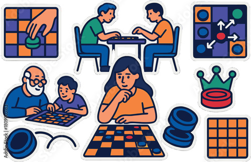 Colorful checkers game elements and players engaged in strategic play
