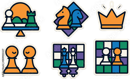 Colorful chess icons with modern line style for game enthusiasts