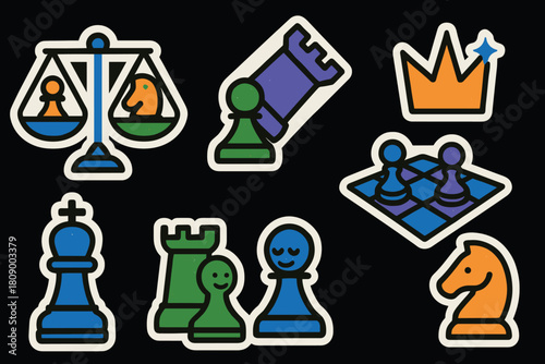 Colorful chess sticker set with icons of pieces and game elements on black background