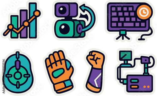 Colorful sticker set featuring gaming icons in modern flat design style