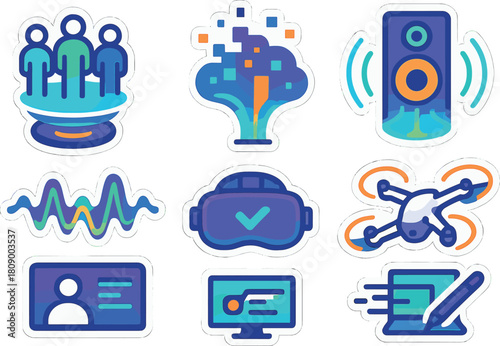 Futuristic tech stickers collection with holograms and gadgets designs