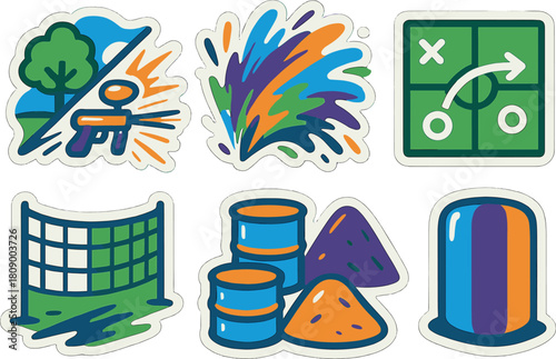 Colorful paintball game elements and equipment icons set with dynamic designs