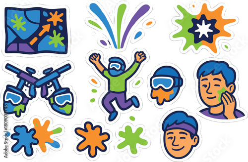 Colorful paintball game stickers featuring players, masks, and splatter effects