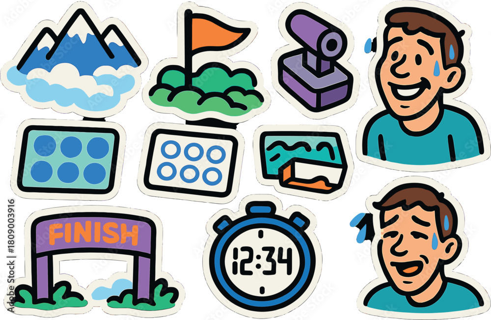 Fototapeta premium Fun comic-style stickers with hiking and sports themes for digital design