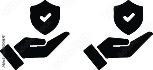 hand holding protective shield black icons set vector design art