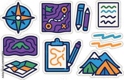 Travel and adventure stickers set featuring maps, compass, and camping icons