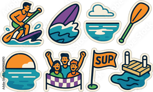 Colorful adventure stickers featuring paddleboarding and ocean fun elements