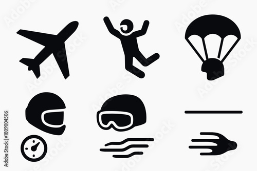 Skydiving and aviation icons in simple silhouette style