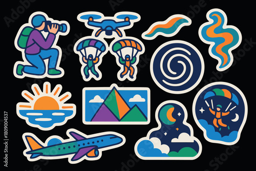 Colorful adventure sticker set: travel, nature, and sky exploration