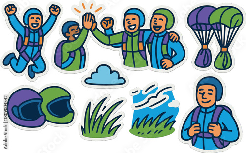 Skydiving adventure stickers with friends celebrating and parachutes