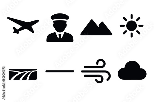 Essential travel and weather icons: airplane, pilot, mountains, sun, fields, road, wind, cloud
