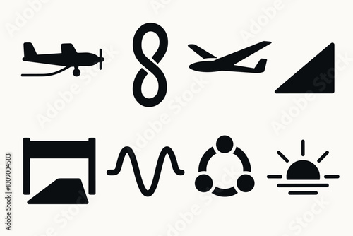 Set of minimalist aviation icons and symbols in solid style