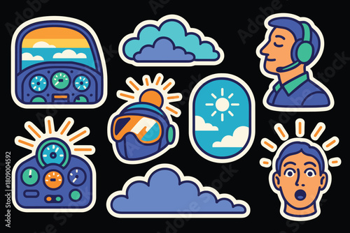 Aviation themed cartoon stickers with pilots, cockpit, clouds, and headphones