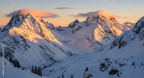 3d icon of golden hour bathes the snowcovered peaks of the north cascades, creating a stunning winter landscape