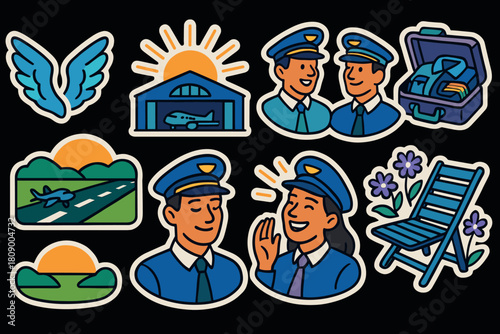 Aviation-themed stickers: pilots, planes, sunsets, and travel
