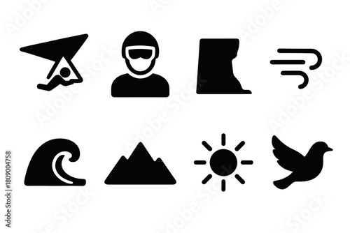 Adventure icons: outdoor sports and nature elements in bold black silhouette style