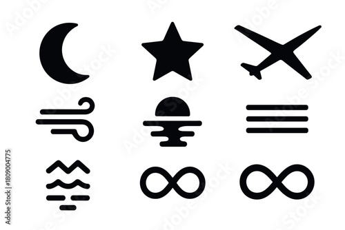 Minimalist shapes and symbols collection: moon, star, plane, infinity, and nature elements