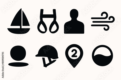Minimalist icon set featuring silhouette designs of sailing, sports, and map elements