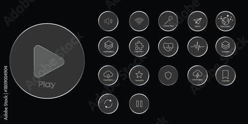 liquid glass Abstract play button with multiple reflections on black