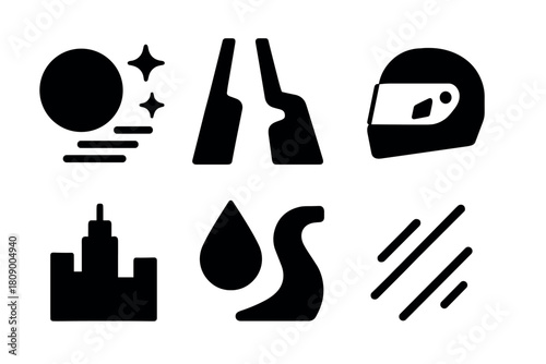 Motorsport icons set featuring helmet, race track, and oil drop in bold silhouette style