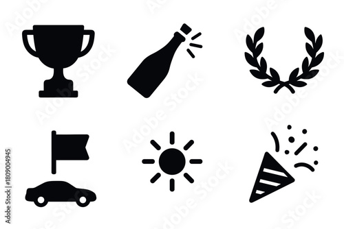 Celebration icons: trophies, champagne, laurel, flags, sun, confetti party set