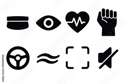 Minimalist symbols: health, navigation, silence, and focus icons collection