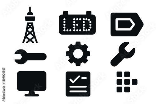 Essential technology icons set featuring tools, symbols, and digital elements in silhouette style