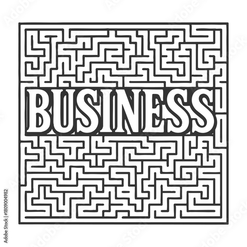 word BUSINESS over a complex maze, representing challenge, navigation, and problem solving in work sketch engraving generative ai vector illustration. Scratch board imitation. Black and white image.