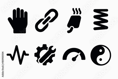 Collection of bold silhouette icons: hand, link, tool, yin yang, more