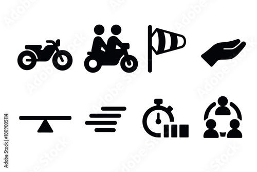Minimalist black icon set featuring motorcycle, stopwatch, windsock, and more