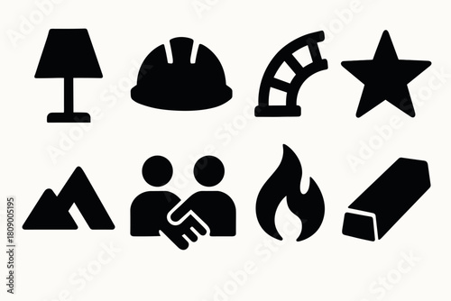 Essential construction and industry icons set in bold silhouette style