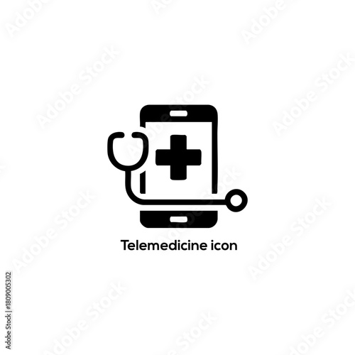 Black telemedicine icon showing a smartphone with a medical cross and stethoscope for digital healthcare apps on white background

