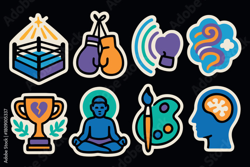 Colorful sticker icons of boxing, meditation, art, and imagination on black background