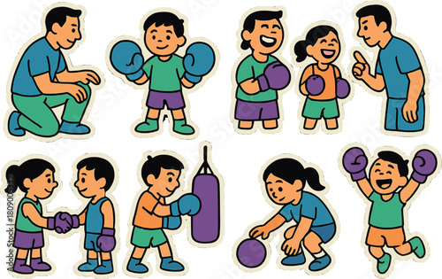 Cartoon characters at boxing class: kids learning, exercising, and engaging with coach