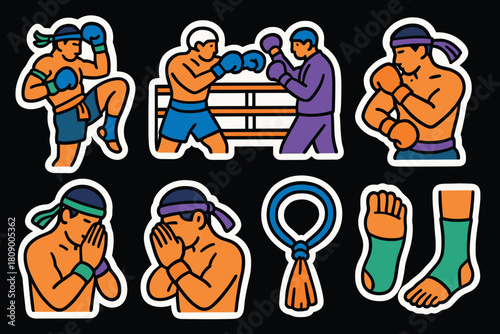 Colorful muay thai set with fighters, techniques, and equipment on dark background