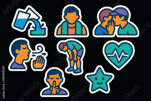 Vibrant communication and health stickers set with people, heartbeat, and expression icons