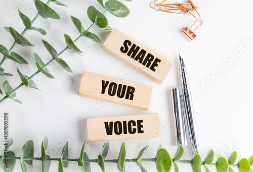 Wooden blocks with text share your voice on white background with green leaves, pen and rose gold clips